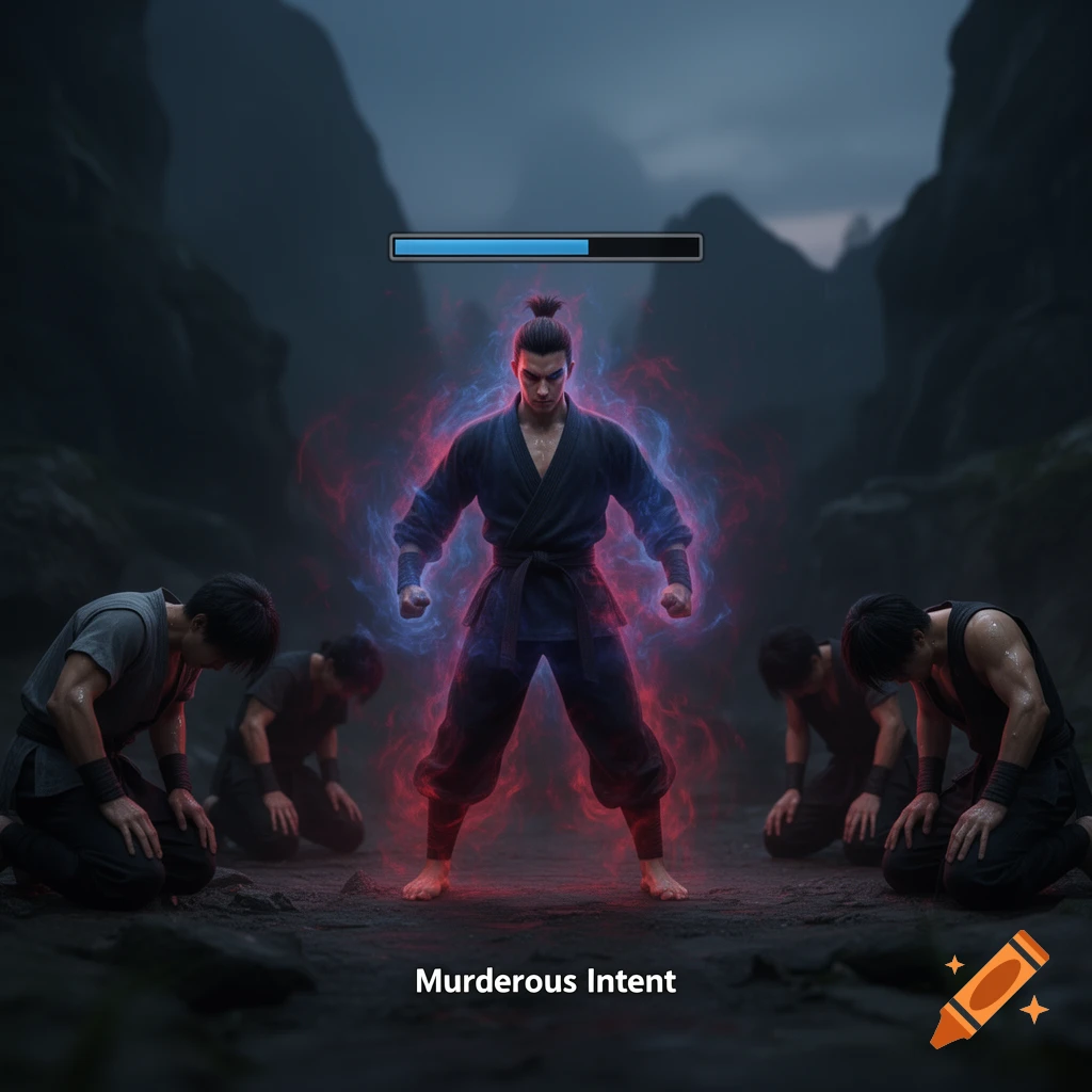 A martial artist with glowing red and blue aura stands over kneeling figures in a dark landscape, with a progress bar and 'Murderous Intent' text.