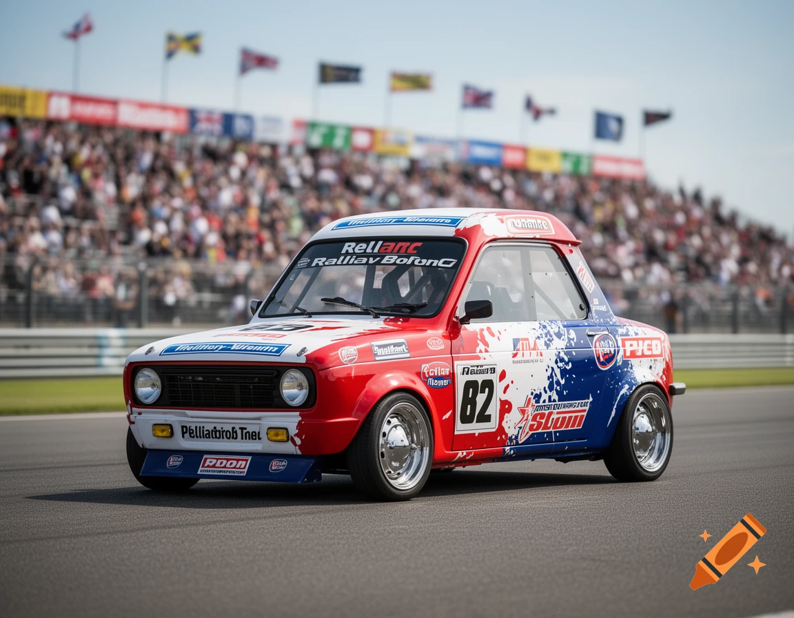 A red, white, and blue race car with sponsor decals on a track, with spectators and flags in the background under a sunny sky.