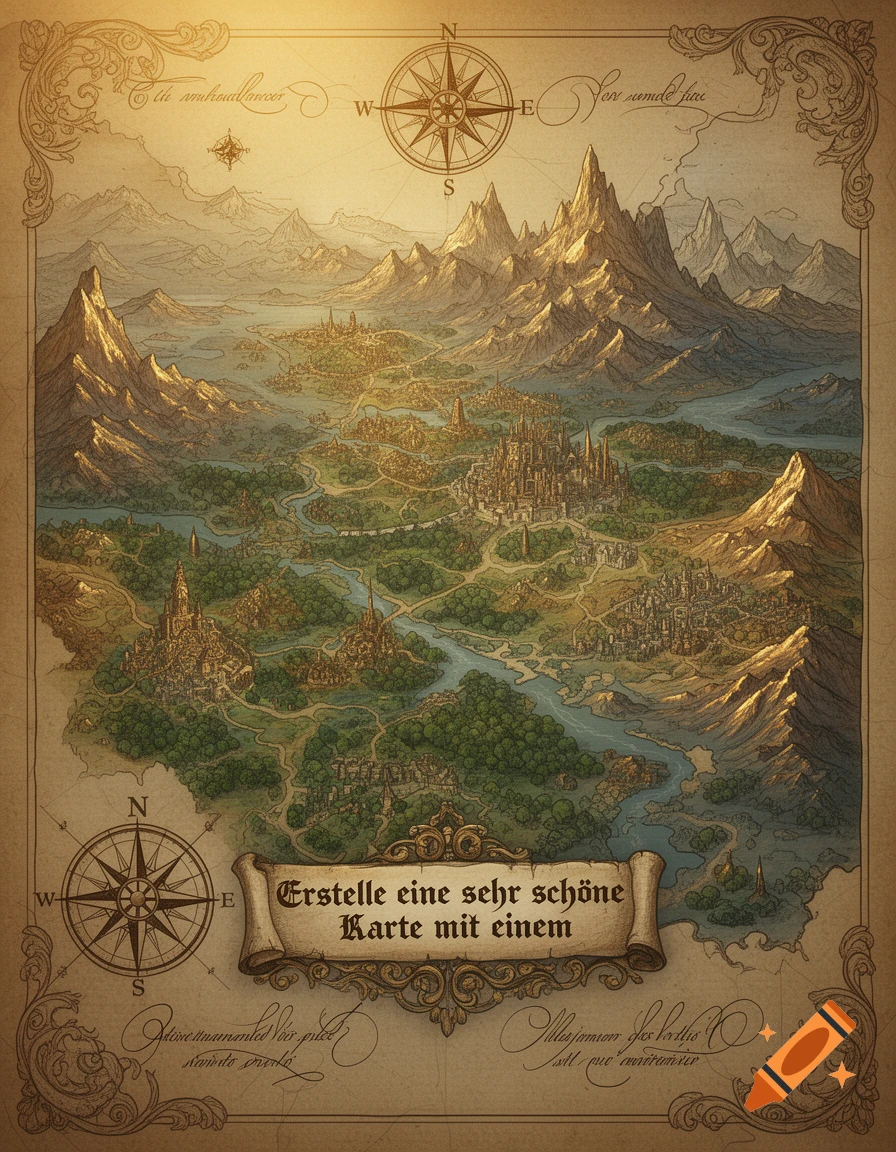 A detailed, antique-style fantasy map, featuring mountains, rivers, and several cities across a green landscape, with decorative borders and a compass rose.