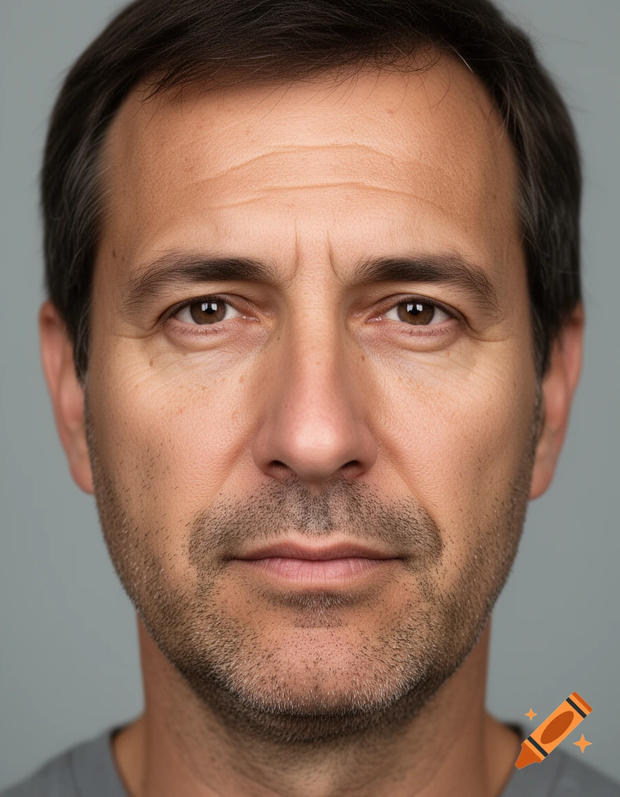 Close-up photorealistic portrait of a middle-aged man with stubble and wrinkles on a plain background.