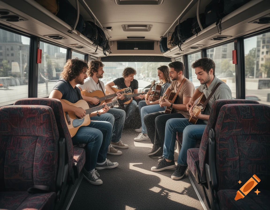 Several male musicians play acoustic guitars inside a brightly lit passenger bus, with city buildings visible through windows.