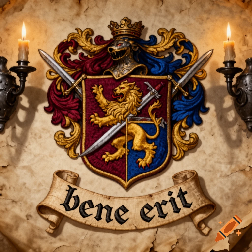 Ornate medieval coat of arms with a crowned lion on a shield, crossed swords, a banner reading 'bene erit', and lit candles.