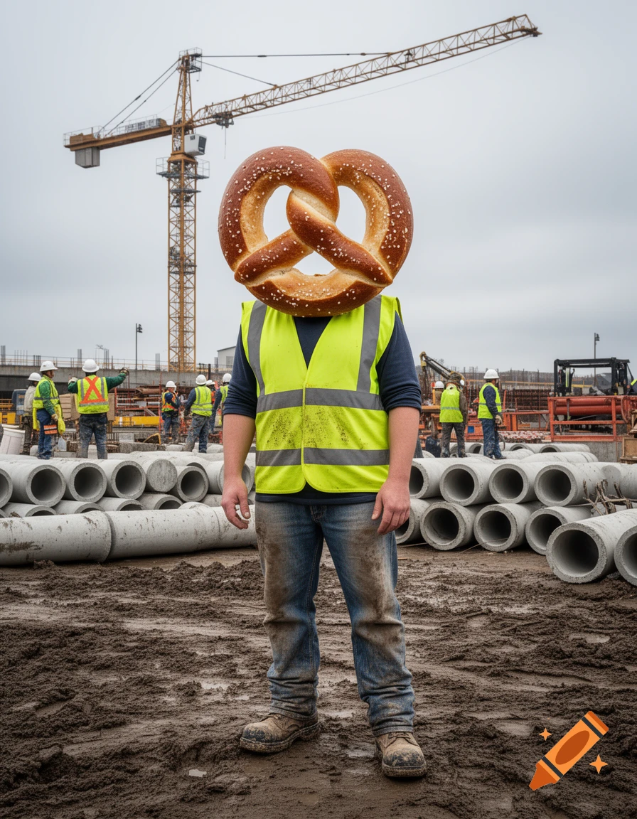 A construction worker with a pretzel for a head stands on a muddy building site with pipes and a crane in the background.