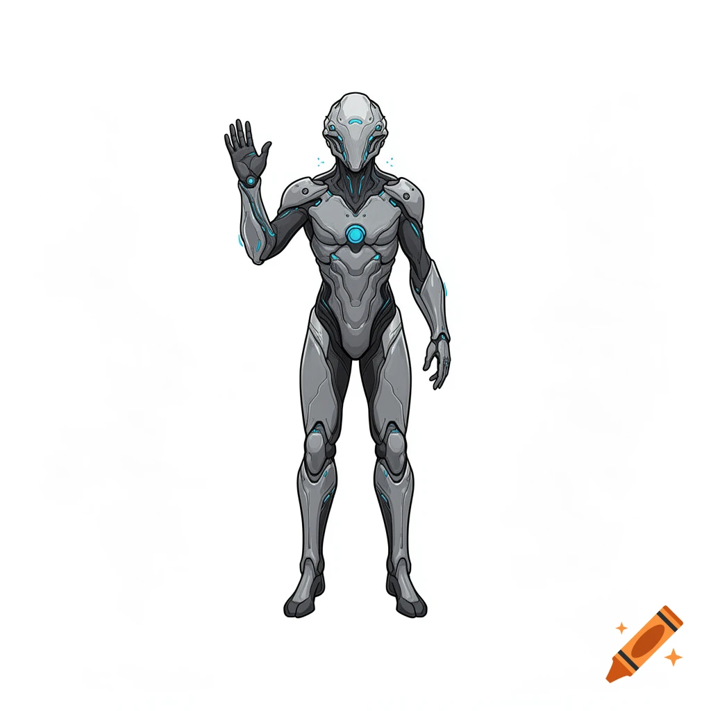 A stylized gray and black robot with blue accents stands, raising its right hand in a wave against a white background.