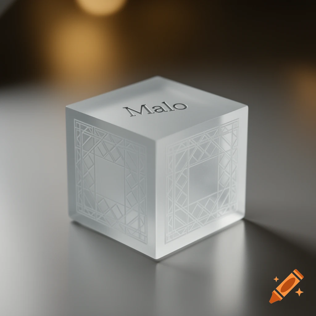 A translucent frosted cube with the word "Malo" engraved on its top surface, and geometric patterns on its sides, resting on a reflective gray surface.