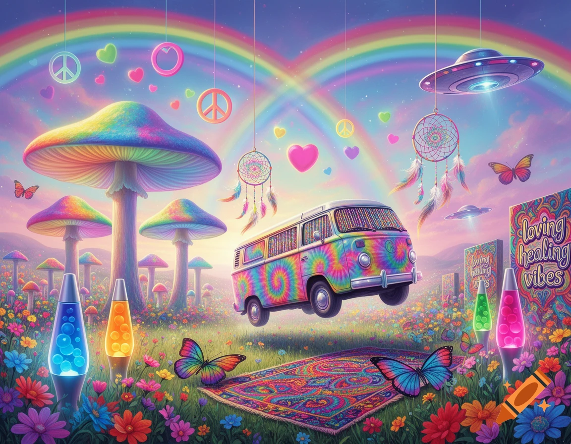 Vibrant psychedelic landscape with rainbow mushrooms, floating peace signs, hearts, UFOs, and a tie-dye hippie van. Lava lamps and butterflies dot a field of colorful flowers with signs reading 'loving healing vibes'.