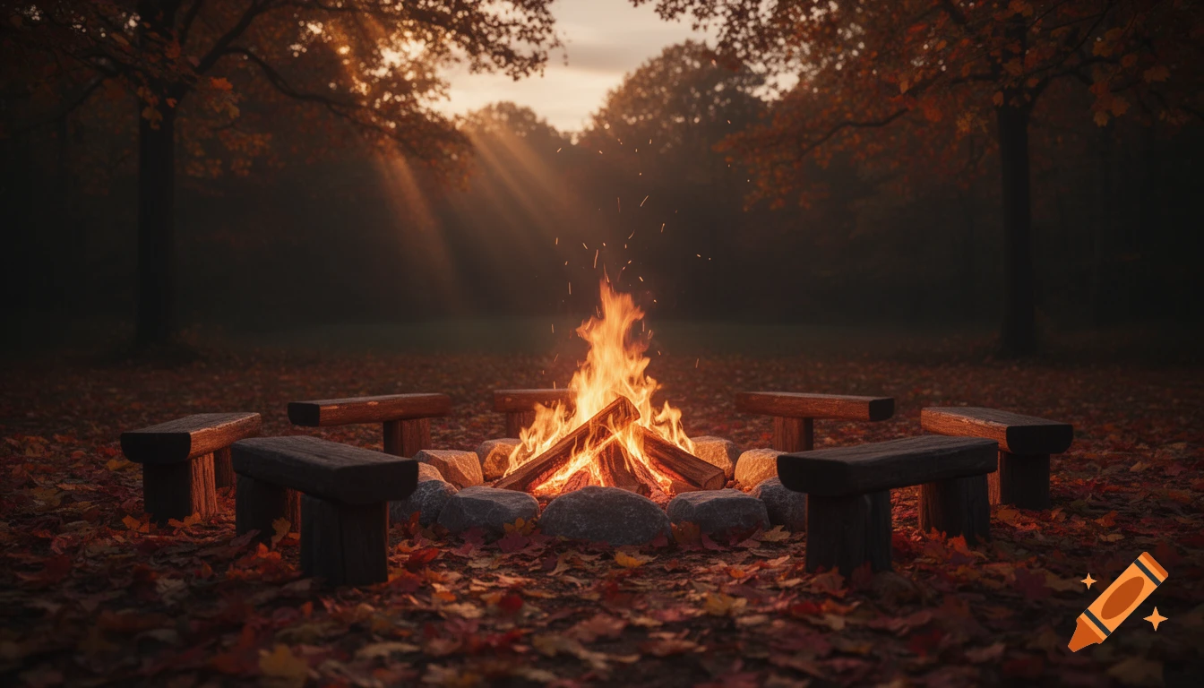 A warm campfire surrounded by wooden benches and autumn leaves in a dark forest at dusk, with golden light rays. Photorealistic.