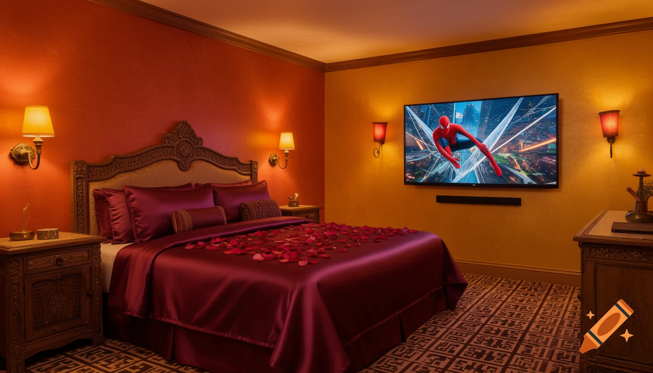 A luxurious bedroom with a red satin bed covered in rose petals, ornate wooden nightstands, and a TV playing a Spider-Man movie.