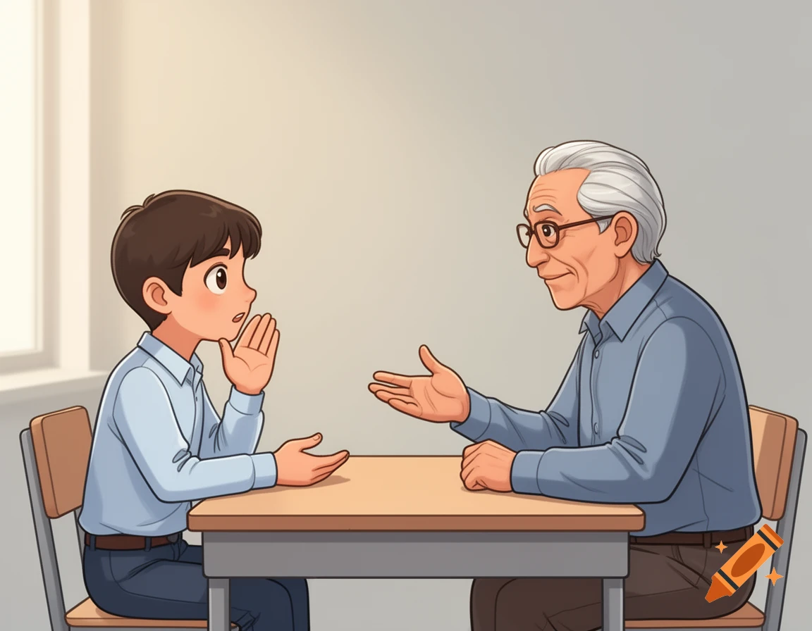 A cartoon illustration of a young boy attentively listening to an older man with white hair and glasses across a desk.