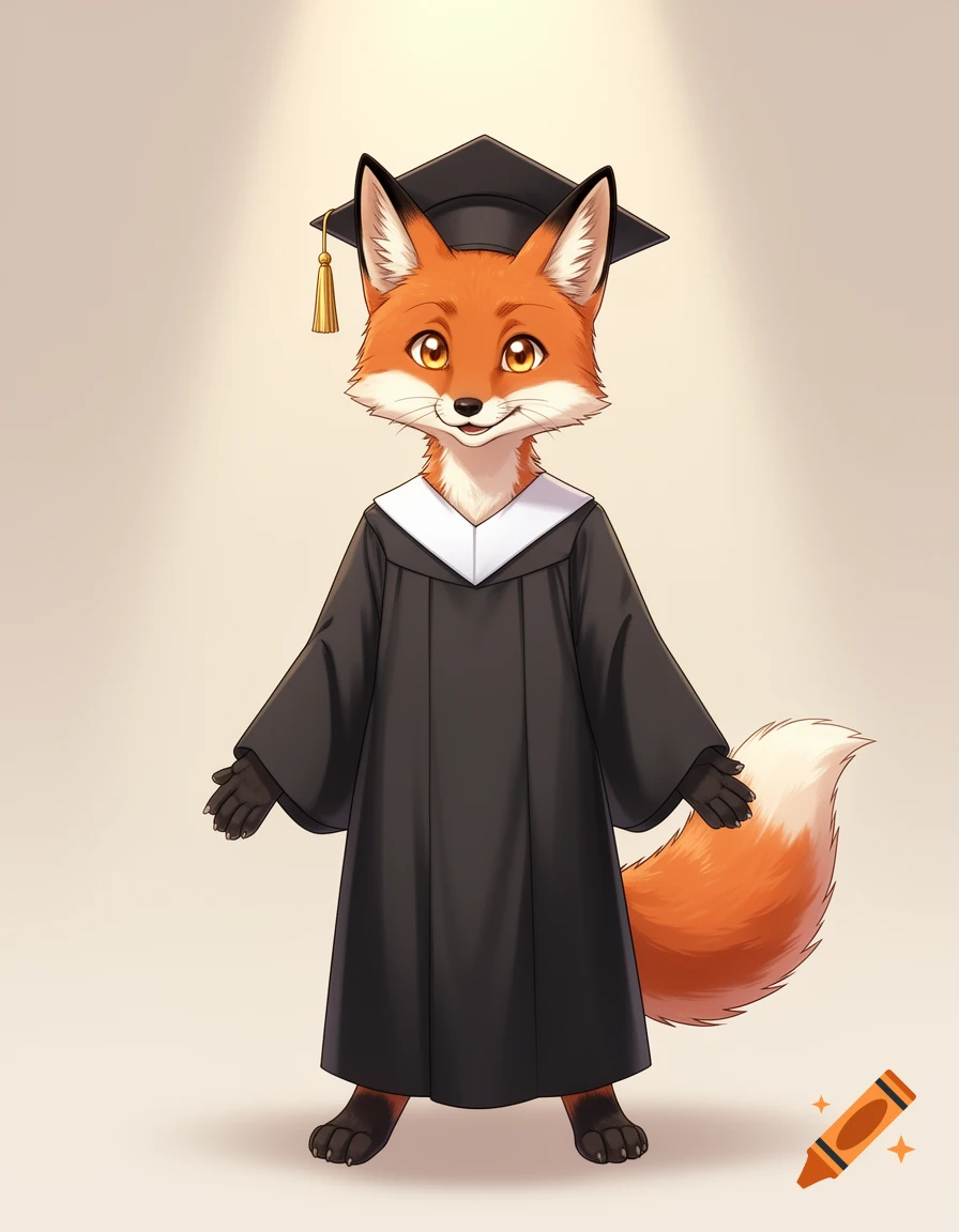 A cute anthropomorphic fox wearing a black graduation cap and gown, in a manga style.
