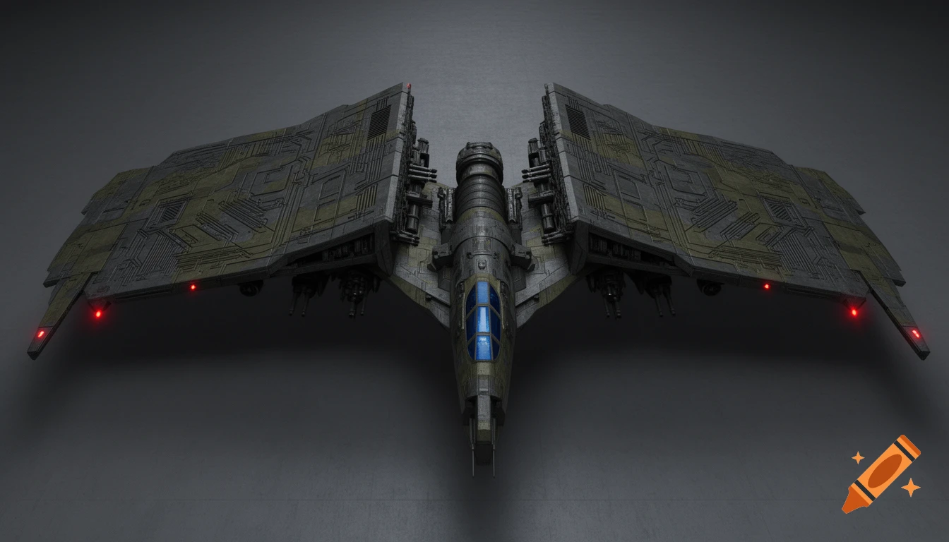 A detailed 3D render of a dark grey and olive green sci-fi spaceship with large angular wings, a sharp nose, blue cockpit, and red lights.