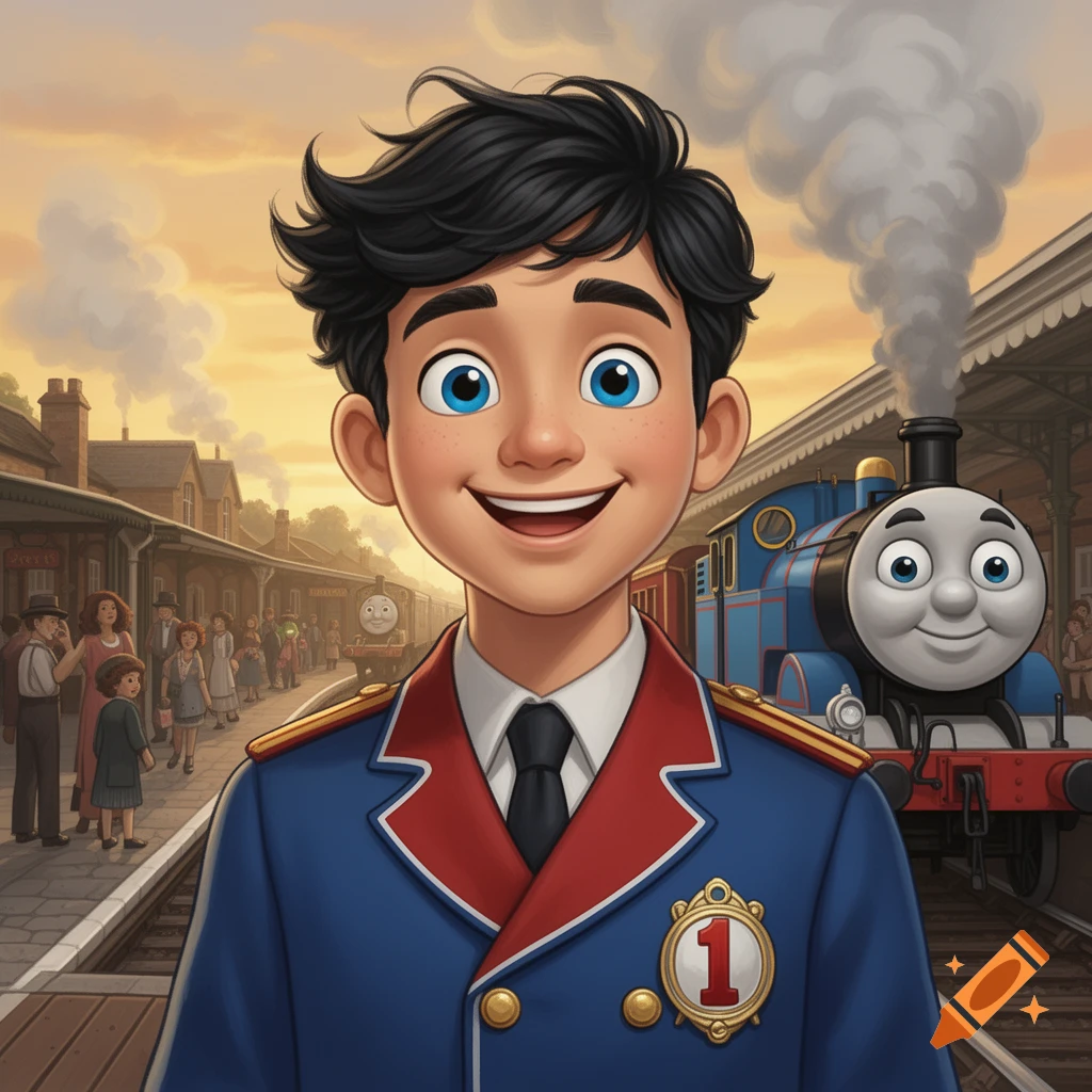 A cartoon boy in a blue and red conductor's uniform with a '1' badge smiles at a train station, with Thomas the Tank Engine behind him.