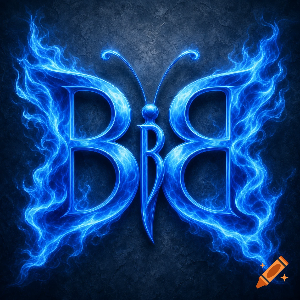 A stylized blue butterfly on a dark background, formed by three letter B's with flame-like wings.