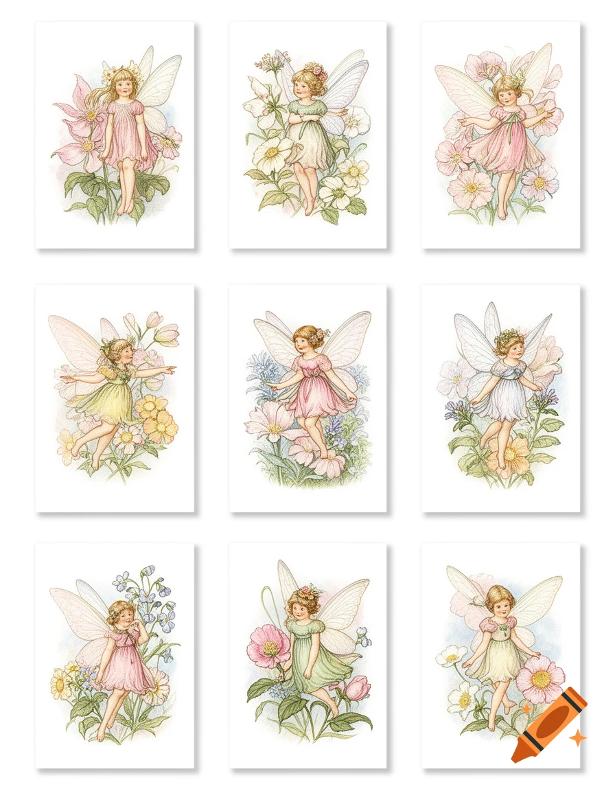 A grid of 9 delicate watercolor-style illustrations of flower fairies with wings, dancing amidst various pastel flowers on a white background.