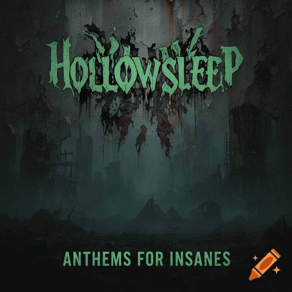 Grunge album cover for Hollowsleep's 'Anthems for Insanes,' featuring a desolate city, dark atmosphere, and dripping green stylized text.