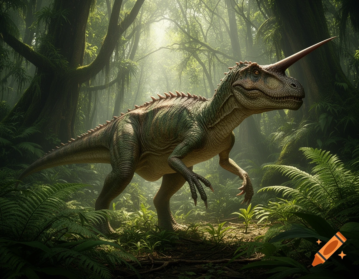 A photorealistic horned dinosaur stands in a dense, sunlit jungle, surrounded by lush green foliage.