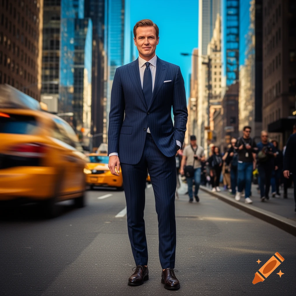 A man in a blue pinstripe suit stands in a bustling New York City street with blurred yellow cabs and tall skyscrapers in a photorealistic style.