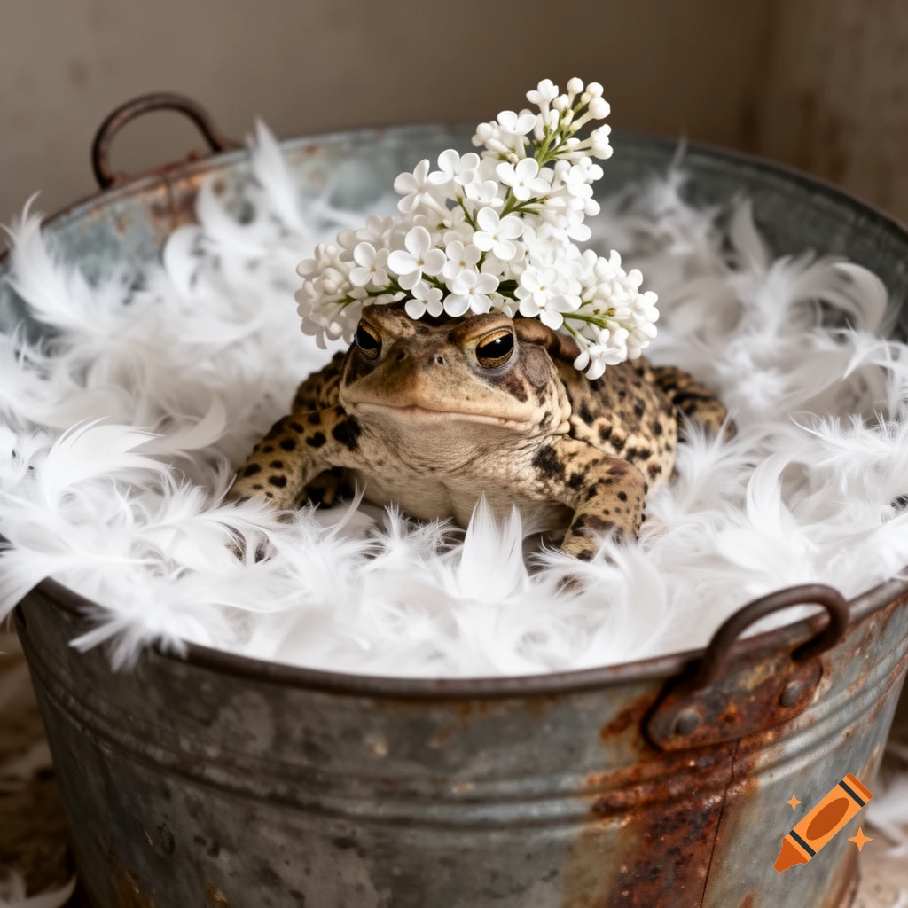 A toad with a crown of white lilac flowers sits in an antique metal bucket filled with soft white feathers.