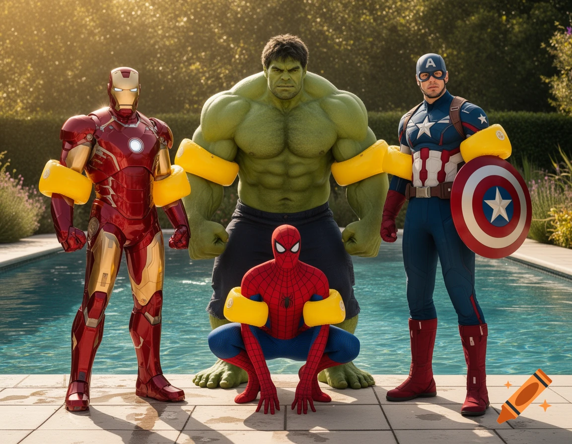 Photorealistic depiction of Marvel's Iron Man, Hulk, Spider-Man, and Captain America wearing yellow arm floaties by a swimming pool.