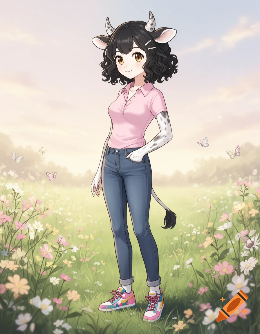 Anime anthro calf girl in a pink polo, jeans, and colorful sneakers, standing in a flower field.