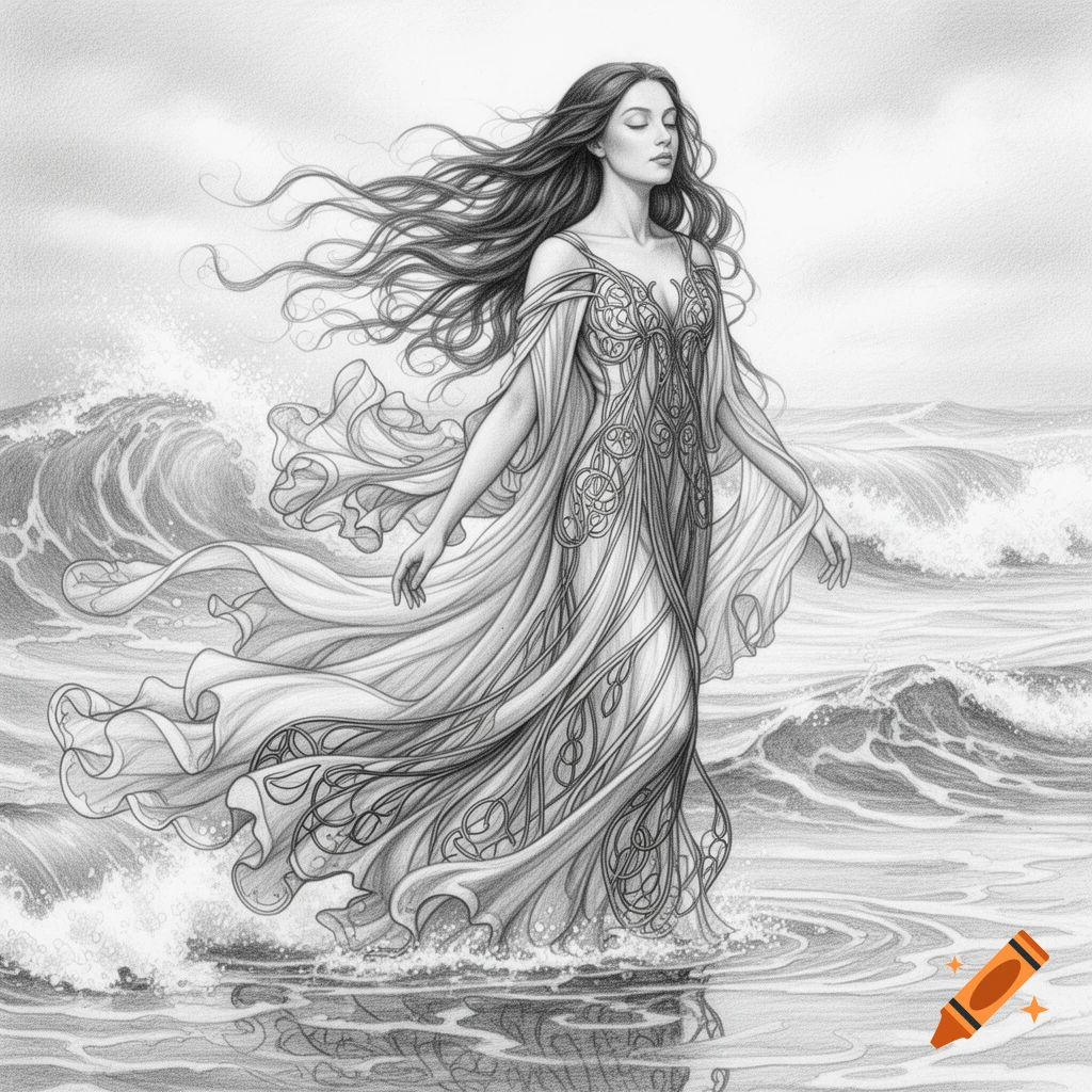 A graphite illustration of a woman with long flowing hair and an art nouveau dress standing in ocean waves.