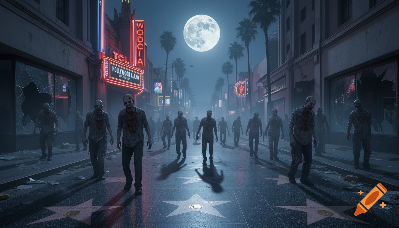Zombies shuffle down the Hollywood Walk of Fame street under a bright full moon, with neon signs and shattered windows at night.