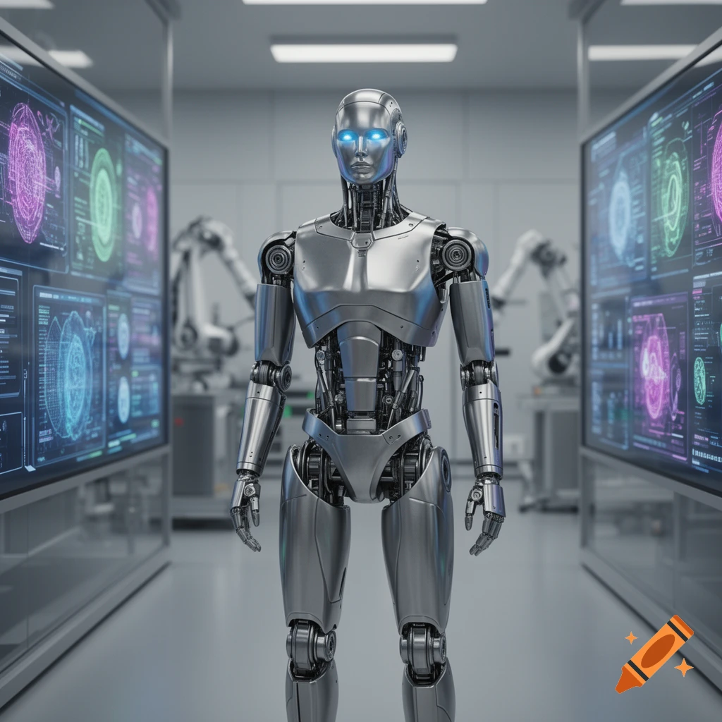 A humanoid robot stands in a futuristic lab with large screens displaying glowing data and other robots in the background. Photorealistic style.