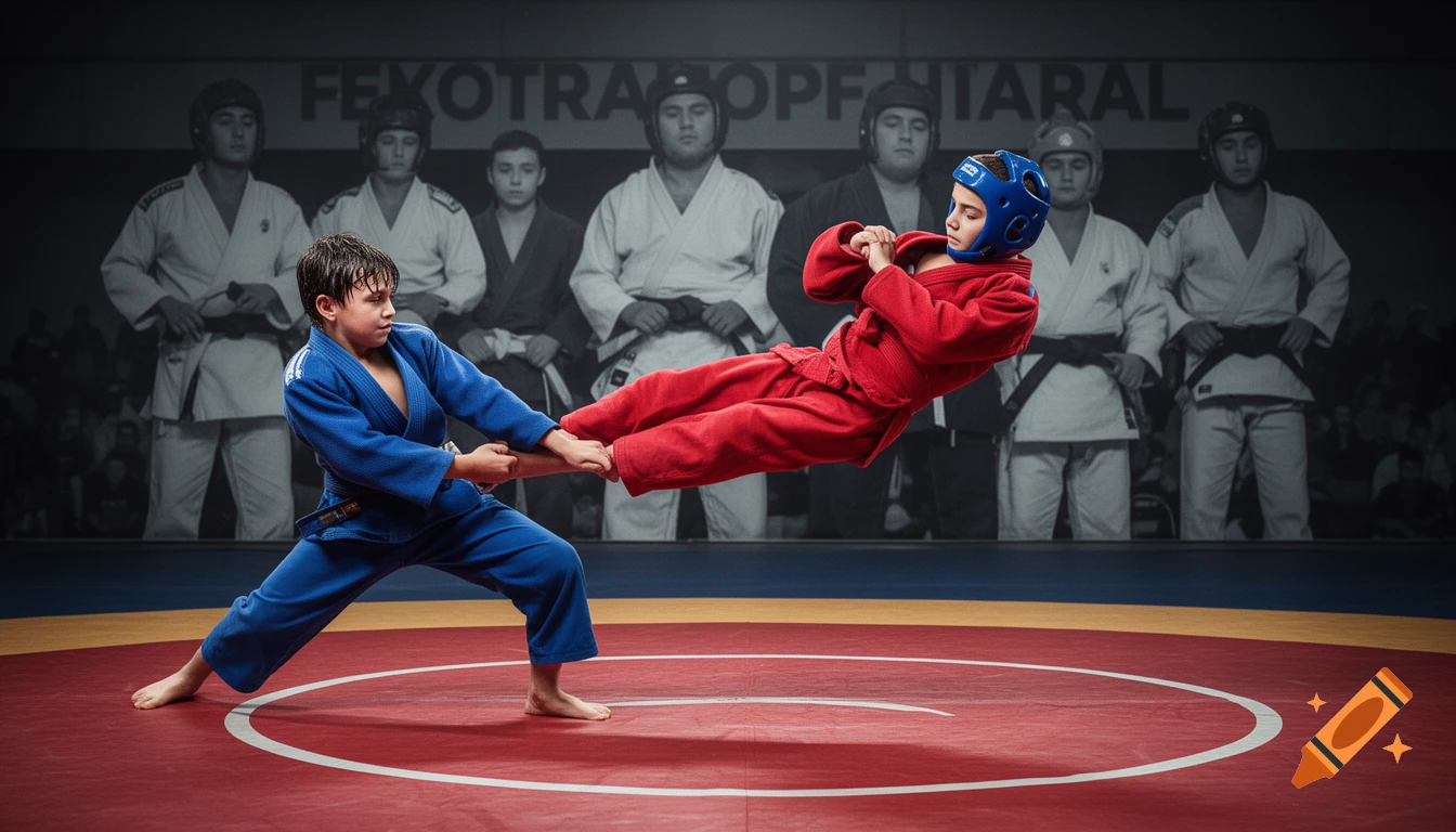 Two boys practice sambo on a red mat, one in blue throwing another in red, who is airborne, with blurred background figures.