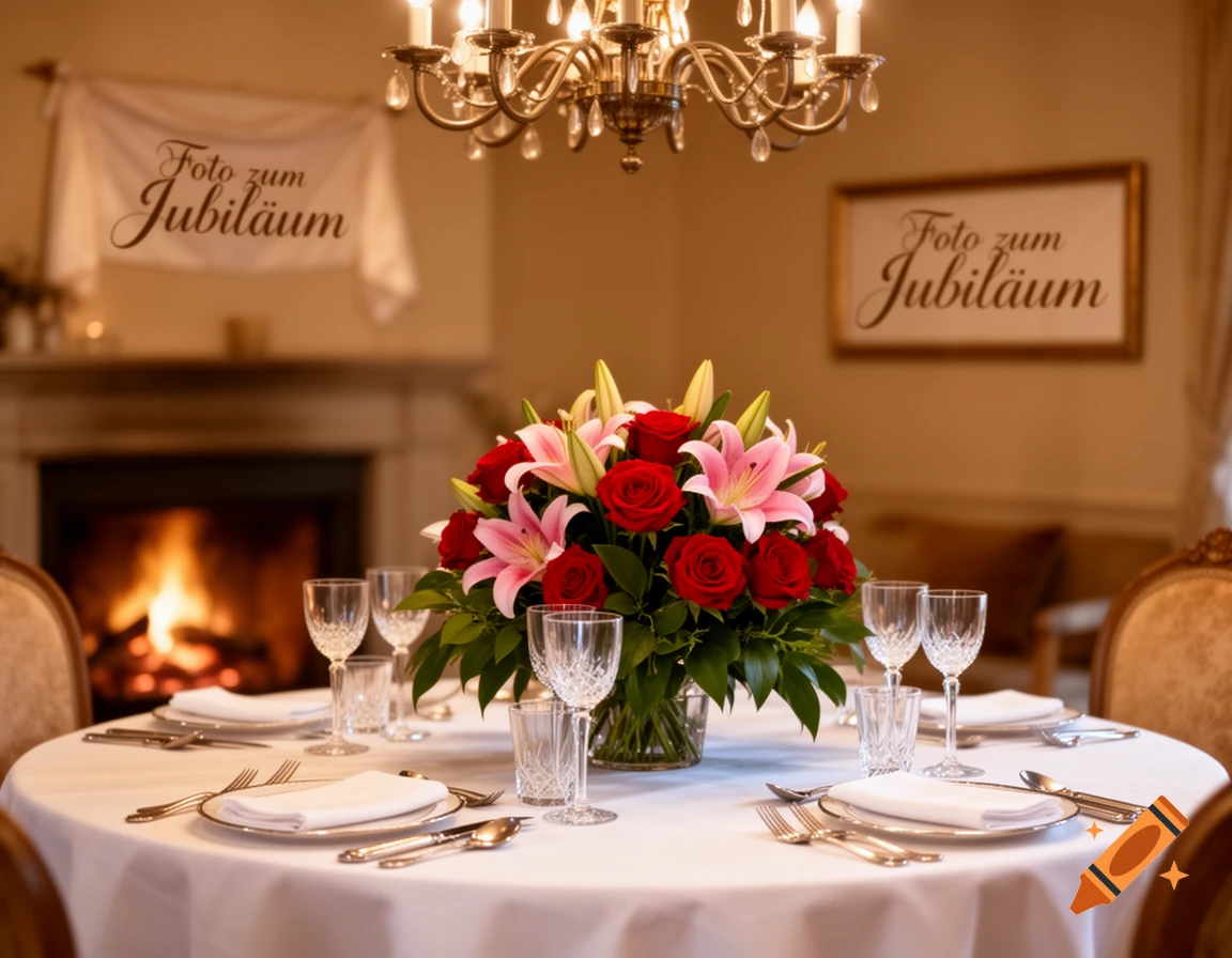 An elegant dining table with a red rose and pink lily centerpiece, set in a formal room with 'Foto zum Jubiläum' text.