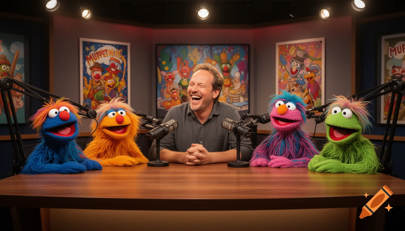 A man laughing heartily on a podcast set with four colorful muppet co-hosts, surrounded by muppet-themed posters.