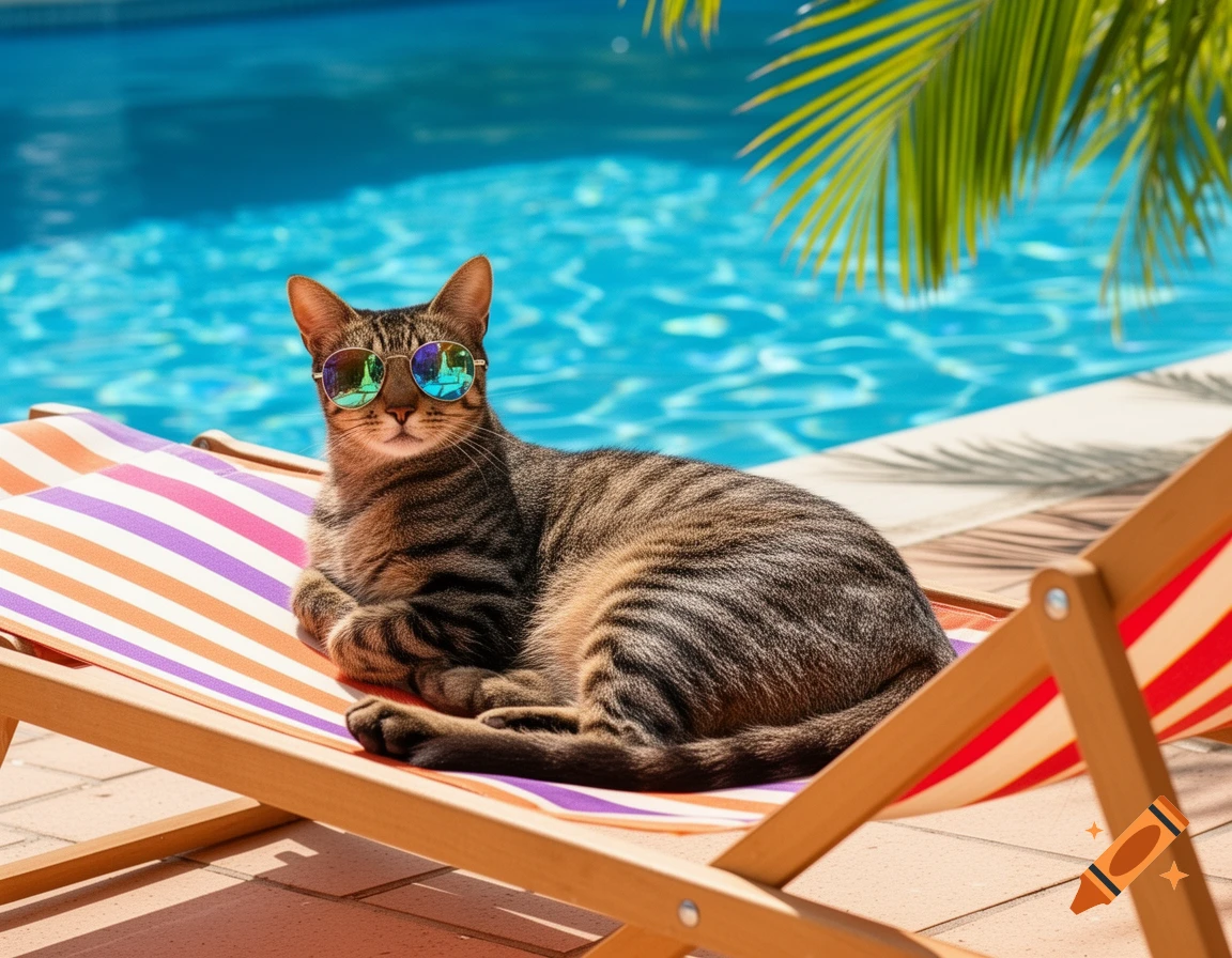 Photorealistic cat wearing sunglasses, lounging on a striped deck chair by a blue swimming pool.