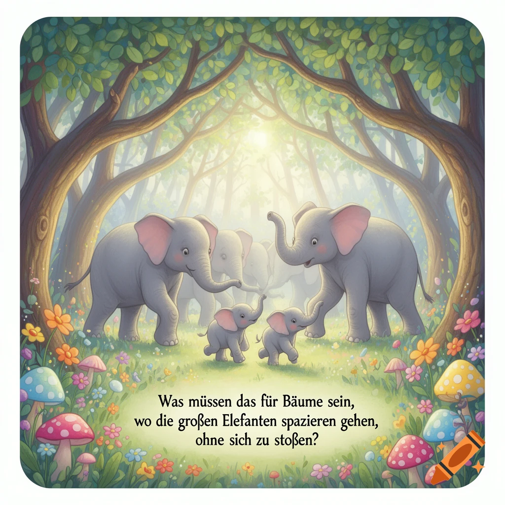 A family of cartoon elephants walk through a magical, sunlit forest with colorful flowers and mushrooms. German text below.