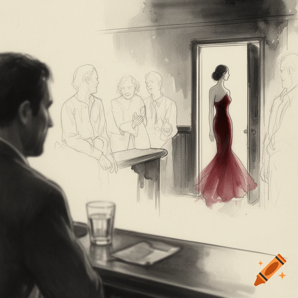 Elegant sketch illustration of a woman in a deep red dress entering a bar, viewed from behind a man at the counter, with ghostly background figures.