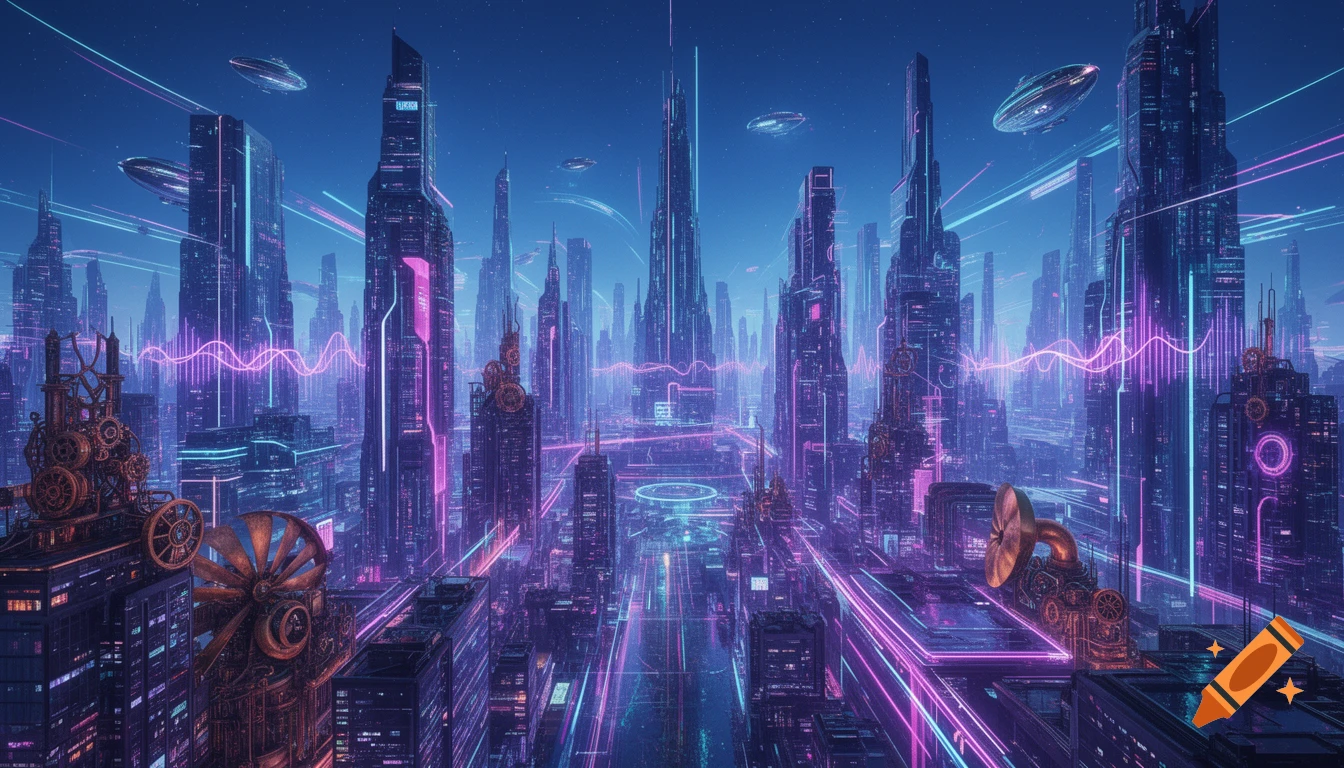 A vibrant futuristic city at night, with towering skyscrapers illuminated by neon pink and blue lights. Flying vehicles traverse the sky, and steampunk-inspired machinery adorns some rooftops.