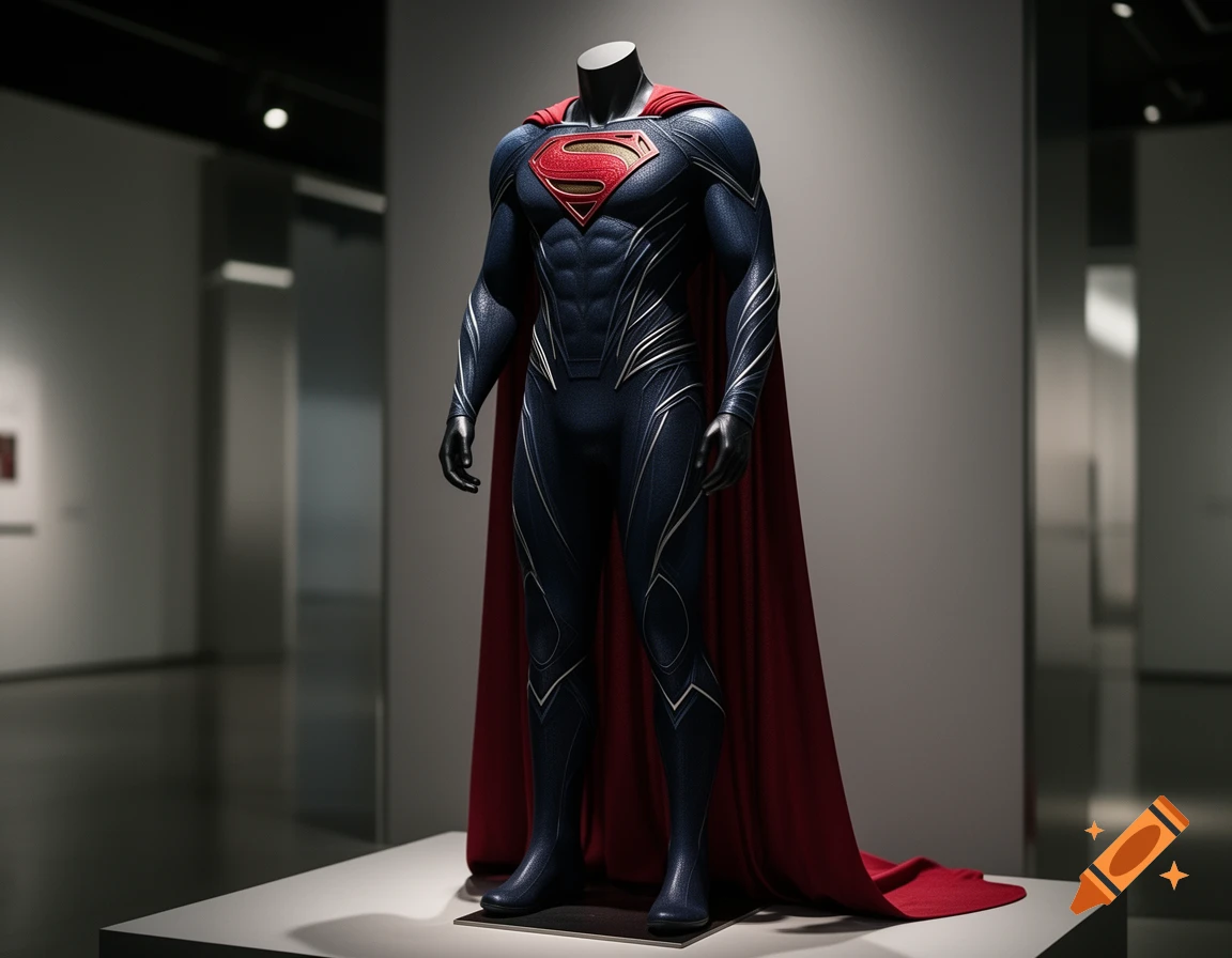 A detailed blue and red Superman costume with a large 'S' symbol on a headless mannequin in a gallery.