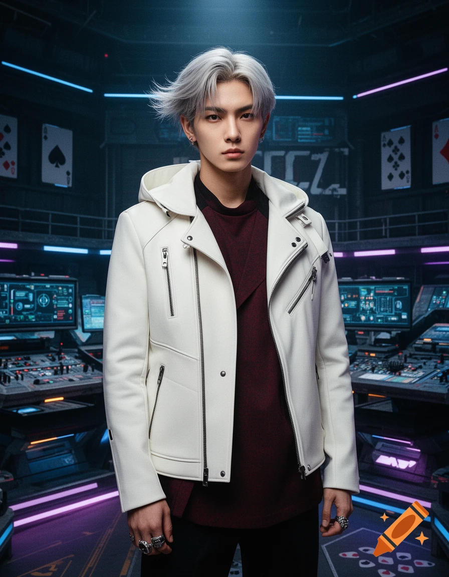 Photorealistic portrait of a young man with silver-blonde hair in a white hooded leather jacket over a deep red shirt, standing in a high-tech control room with glowing screens and playing card symbols.