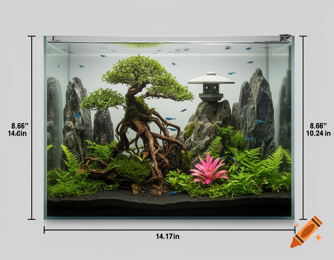 Photorealistic aquarium with a Japanese aesthetic, featuring a bonsai tree, dragon stone mountains, a stone lantern, a pink plant, green moss, and blue shrimp.