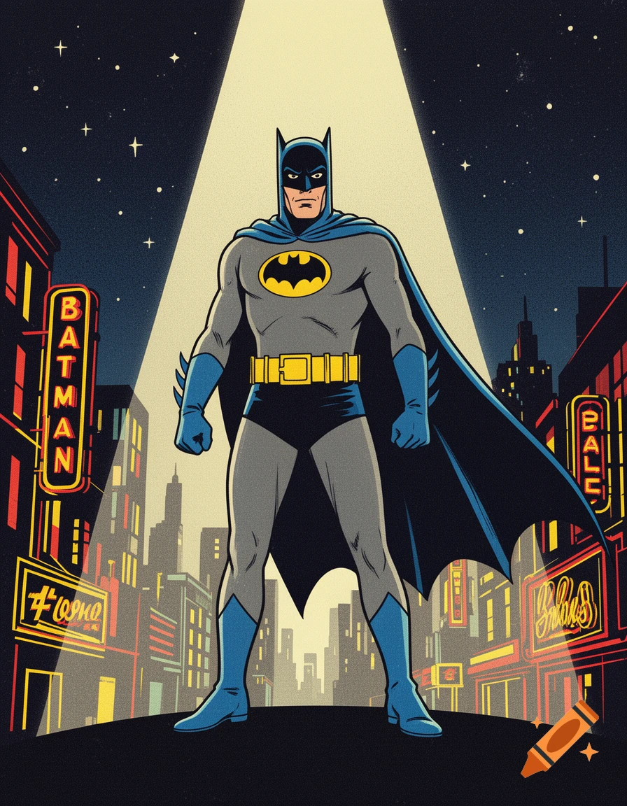 Batman in a grey and blue suit with a yellow utility belt stands heroically under a spotlight in a retro-style city with neon signs.