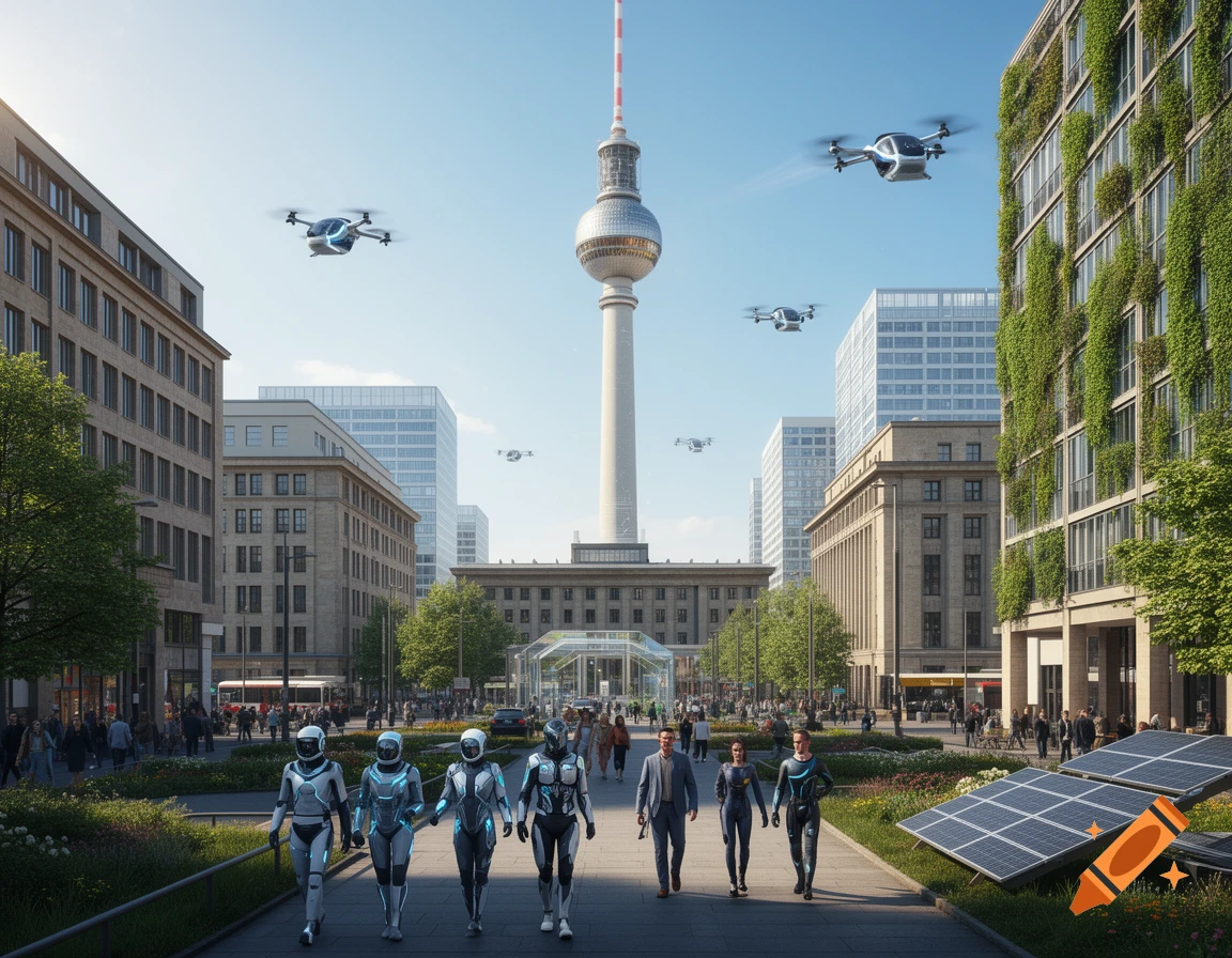 A futuristic Berlin cityscape featuring the TV Tower, flying drones, and people in advanced suits on a paved path.