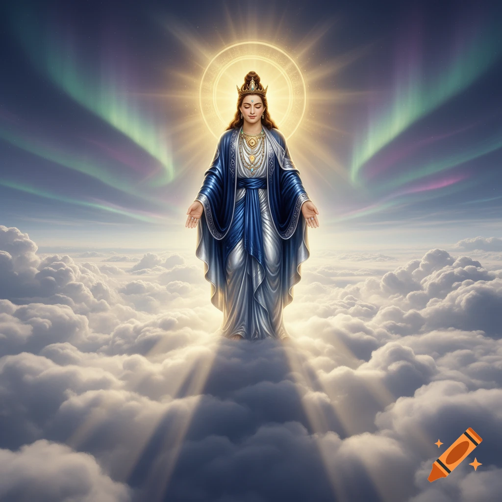 A divine figure in a crown and blue robes stands on clouds with light rays, under an aurora-lit sky.