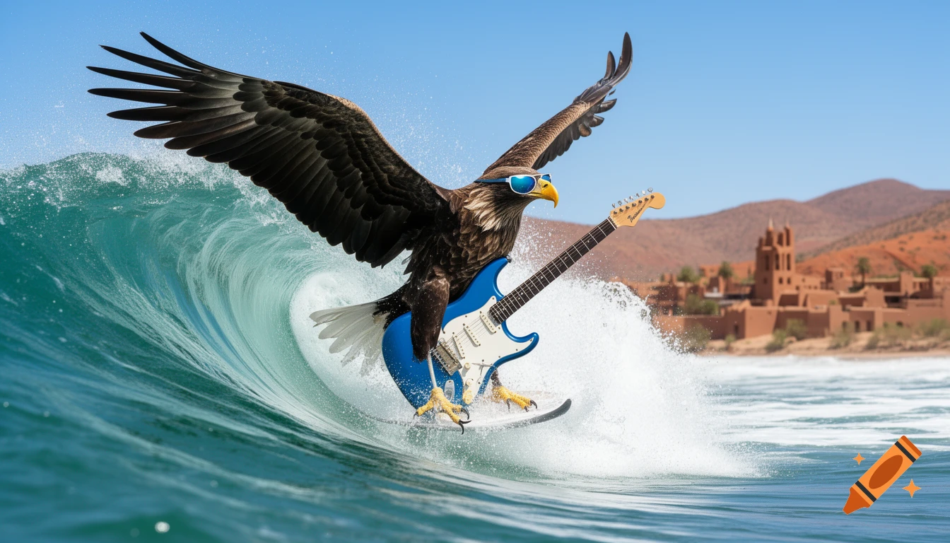 A photorealistic eagle wearing blue sunglasses surfs a large wave while playing a blue electric guitar, with desert architecture in the background.