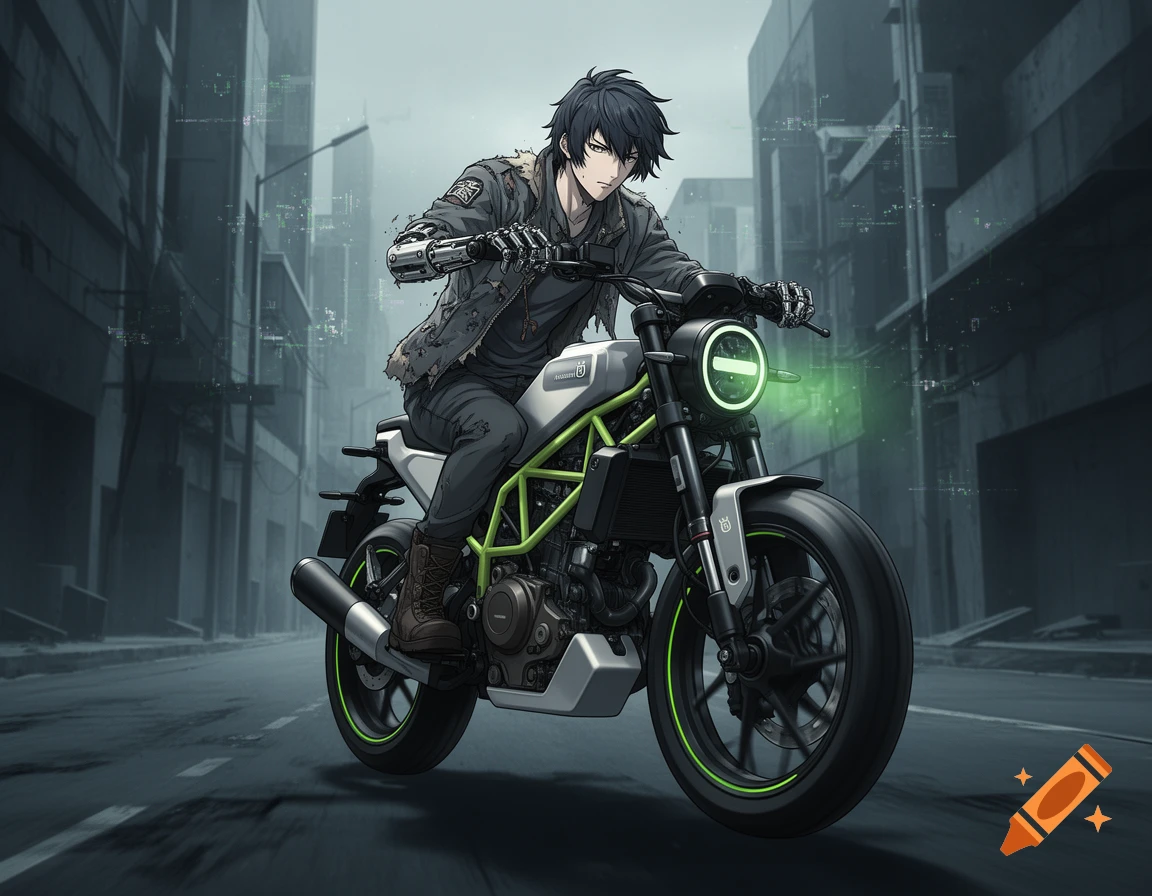 An anime character with a cybernetic arm rides a green and white Husqvarna motorcycle down a gritty city street.