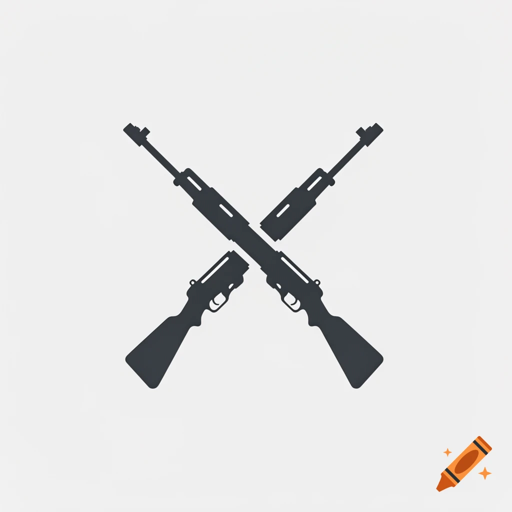 Two dark silhouette rifles crossed diagonally on a white background.