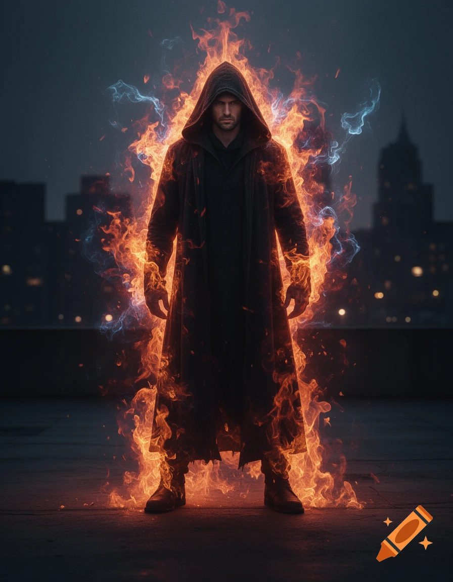A hooded man stands on a dark rooftop, engulfed in a blazing fire and blue energy aura, with city lights in the background.