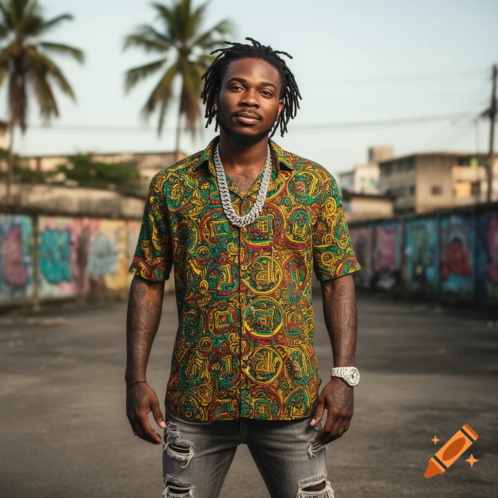A man with dreadlocks wears a vibrant patterned shirt, ripped jeans, and a silver chain, standing in an urban street with graffiti walls and palm trees in the background.