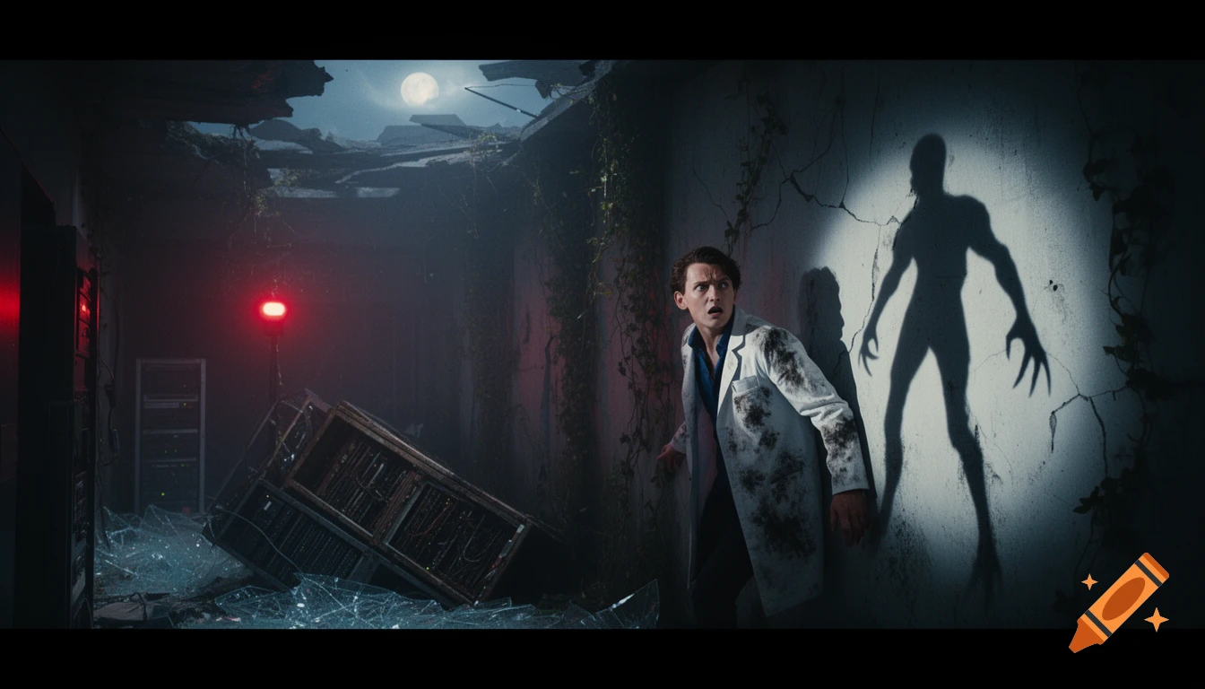 A terrified scientist in a ruined lab, lit by moonlight and a red strobe, presses against a wall as a monstrous shadow looms nearby.
