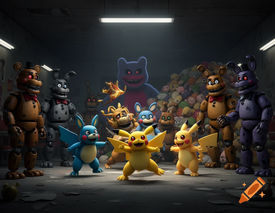 A dark, ominous room with various FNaF animatronics and Poppy Playtime characters surrounding cheerful Pikachus and a blue Pokemon-like creature, with a pile of plush toys in the background.
