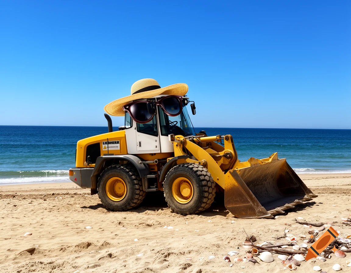 A yellow Liebherr wheel loader with a straw hat and sunglasses sits on a sunny beach next to the ocean.