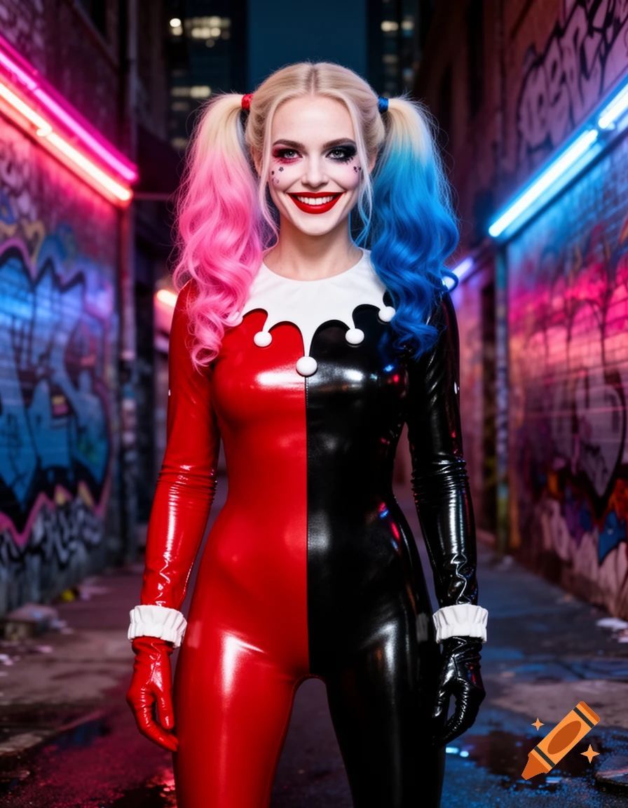 Photorealistic image of a smiling woman dressed as Harley Quinn, with pink and blue pigtails, standing in a neon-lit alley.