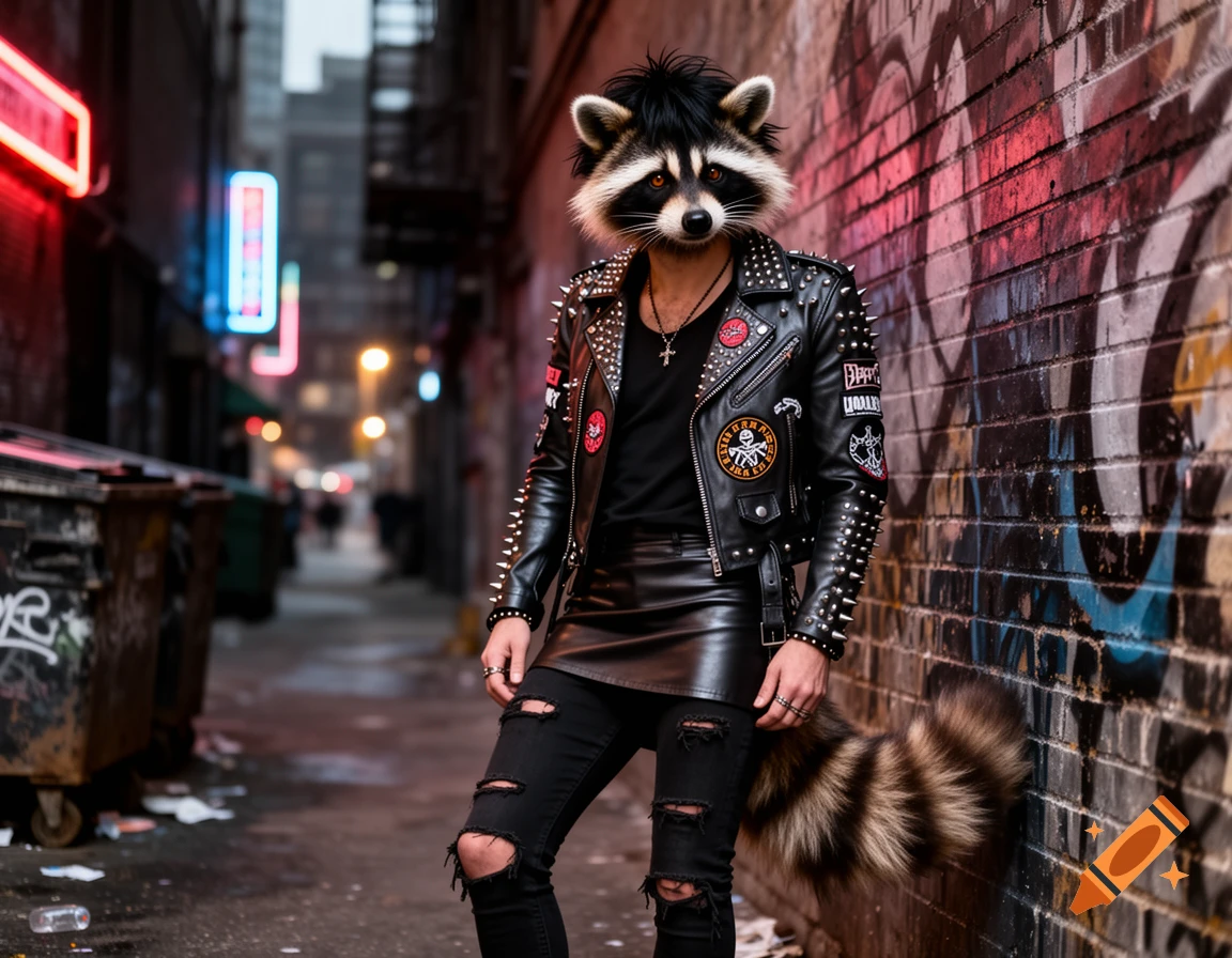 A male figure with a raccoon head and tail wears a spiked leather jacket, black mini-skirt, and ripped jeans in a neon-lit alley.